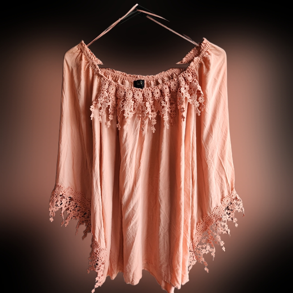 Melissa Paige Peach Peasant Top Embroidered Floral Trim Womens Large Boho Hippie